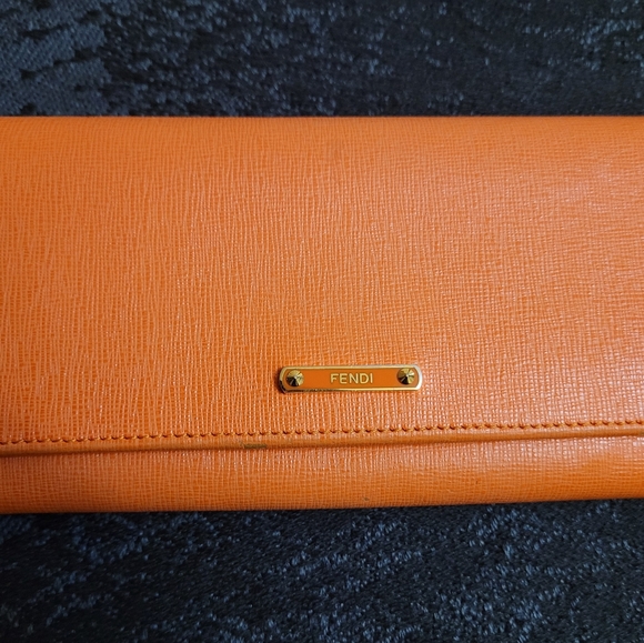 Authentic FENDI Logo Plate Leather Long Wallet Orange Italy - Picture 9 of 13
